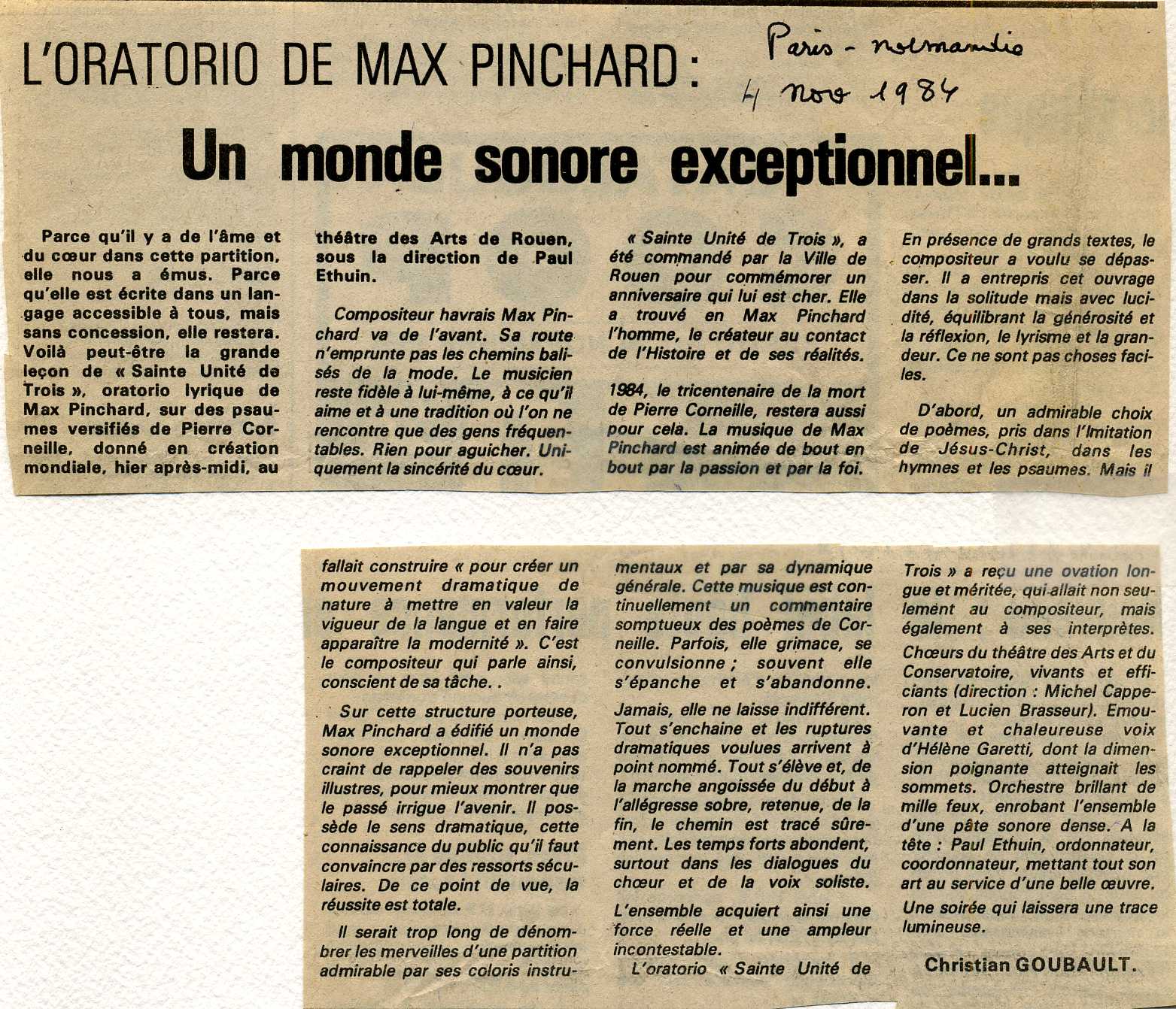 L'oratorio de Max Pinchard , un monde sonore exceptionnel